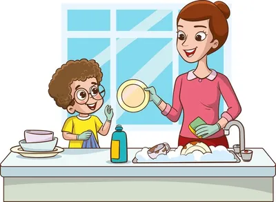 Векторная иллюстрация счастливый милый маленький мальчик моет посуду с  матерью | Премиум векторы