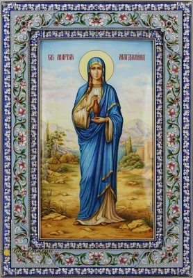 Дорогая икона святая Мария Магдалина в окладе из серебра с эмалями и  украшена гранатами