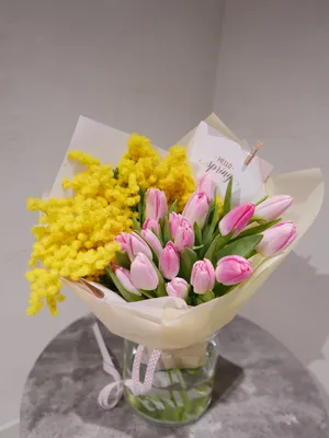 Волшебное утро: букет с желтыми тюльпанами, хлопком и мимозой по цене 5251  ₽ - купить в RoseMarkt с доставкой по Санкт-Петербургу