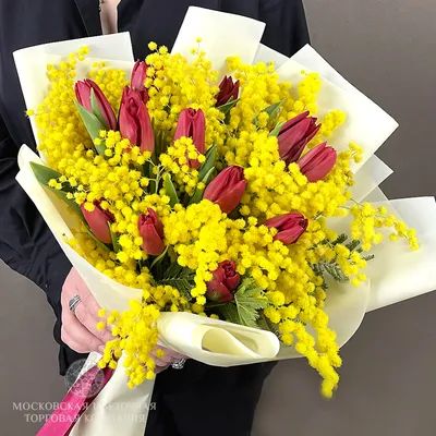 Заказать букет из тюльпанов и мимозы FL-420 купить - хорошая цена на букет  из тюльпанов и мимозы с доставкой - FLORAN.com.ua