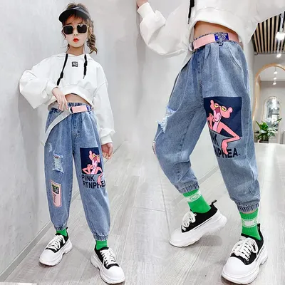 Kids Girls Jeans Color printing Cartoon Casual Pants Denim trousers 2022  Spring Children Girl Clothes 8/10/11/12/13 teens Jean | AliExpress