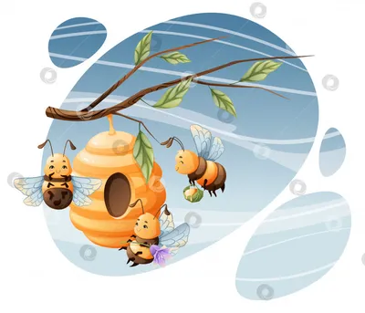 Набор мультяшных летающих пчел. Милые насекомые с цветком и медом. Детская  векторная иллюстрация для дизайна книг, одежды и т.д - Ozero - российский  фотосток