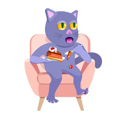 Забавный мультяшный персонаж кота, сидящего в кресле и поедающего торт с  юмором | Премиум векторы