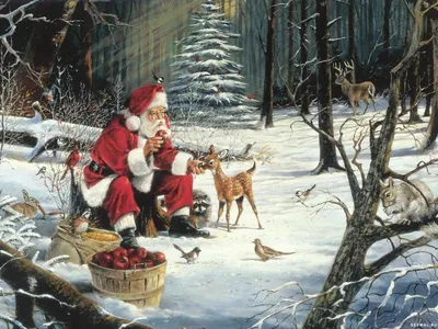 Санта-Клаус с лесными зверями: новогодние обои, картинки, фото 1600x1200