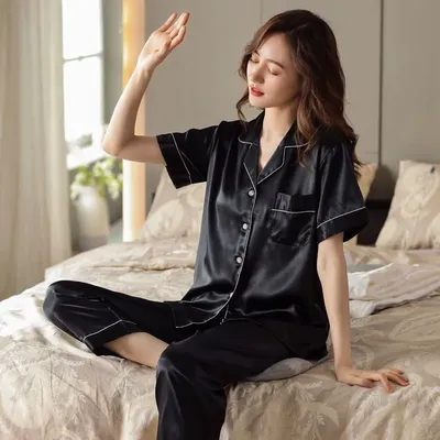 Женская летняя пижама из сатина и шелка, женская одежда для дома, длинные  брюки с коротким рукавом, пижамный комплект | AliExpress
