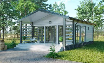 Проект одноэтажного дома барнхаус с остекленной зимней террасой Луга  площадью 222,92 кв.м, цена строительства под ключ