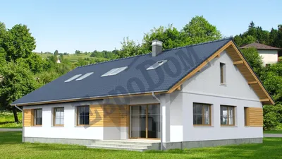Небольшой одноэтажный дом с двускатной крышей, угловой крытой террасой