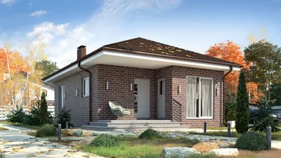 Одноэтажный дом с двускатной крышей и террасой под ключ – фото, цены и  планировки