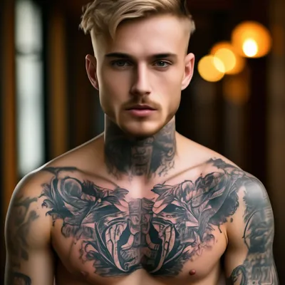 Бритоголовый парень с татуировками на…» — создано в Шедевруме
