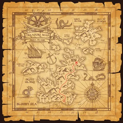 пиратская карта сокровищ с голубым океаном Стоковое Фото - изображение  насчитывающей пираты, горы: 249177710