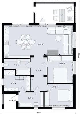 ДОЛИНА 90 м2 - проект одноэтажного дома 10х11 с двумя спальнями, большой  ванной, котельной и террасой