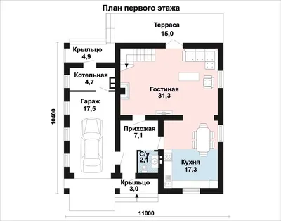 Проект одноэтажного дома OD157 из пеноблоков с террасой и гаражом на 2  машины