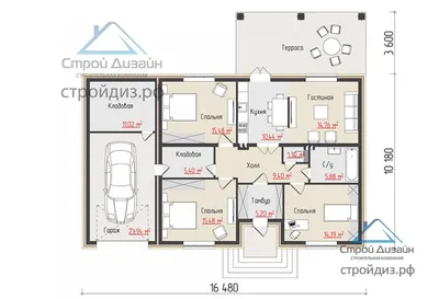 Проект одноэтажного дома с гаражом и террасой 02-25 🏠 | СтройДизайн