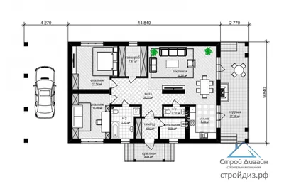 Проект одноэтажного дома с навесом для машины 06-14 🏠 | СтройДизайн