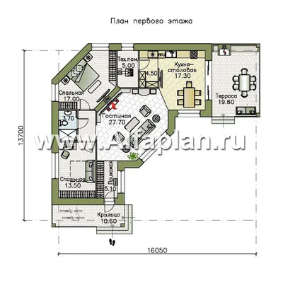 647A «Ореол» - проект одноэтажного дома, с оригинальным планом, с террасой,  планировка дома 2 спальни: цена | Купить готовый проект с фото и планировкой