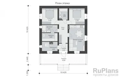 Загородный одноэтажный коттедж с тремя спальнями 12 на 8, проект и  комплектация