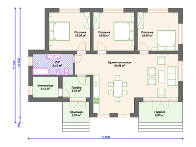 Проекты одноэтажных домов с 3 (тремя) спальнями - цены, планировки, планы,  фото