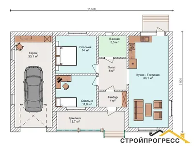 Проект одноэтажного дома с гаражом №1535-2 план | Одноэтажные дома, Дом,  Небольшие загородные дома