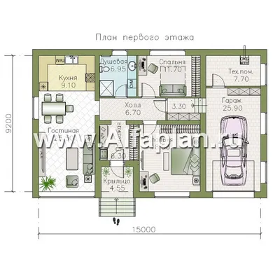 Проект одноэтажного дома с террасой и гаражом на 2 автомобиля 02-53 🏠 |  СтройДизайн