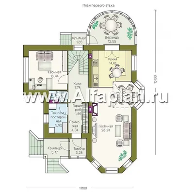 65A «Романтика» - проект дома с мансардой, с полукруглой верандой, второй  свет в столовой: цена | Купить готовый проект с фото и планировкой