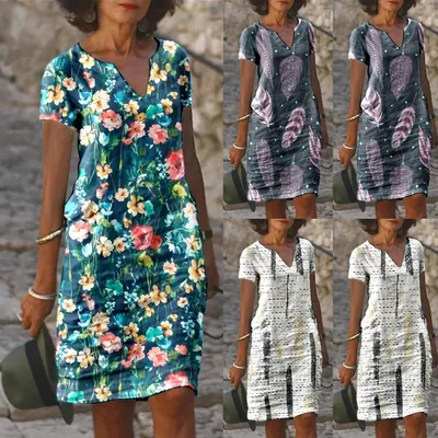 Купить Женские летние свободные повседневные платья с короткими рукавами и  v-образным вырезом с принтом | Joom