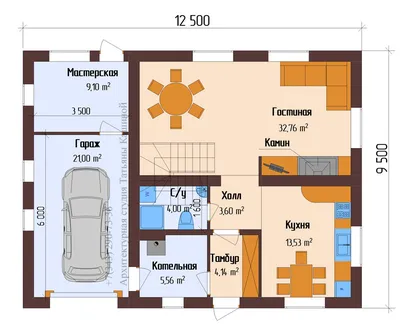 Проект одноэтажного дома в стиле Райта с кухней барбекю и навесом для авто  Рощино 15 площадью 259,19 кв.м, цена строительства под ключ