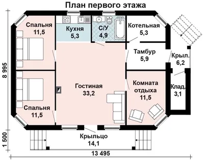 Проект одноэтажного дома AS-2009-2 из газобетона с тремя 3 спальнями и  котельной