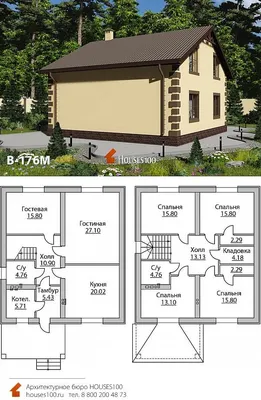 Проект дома B-176M (4/4) Проект простого дома с мансардой от Houses100,  площадью 177м2 | Дизайн экстерьера дома, Простые дома, Цвета дома снаружи