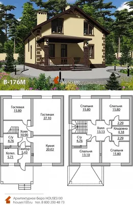 Проект дома B-176M (1/4) Проект простого дома с мансардой от Houses100,  площадью 177м2 | Планы строительства дома, Простые дома, Дизайн небольшого  дома