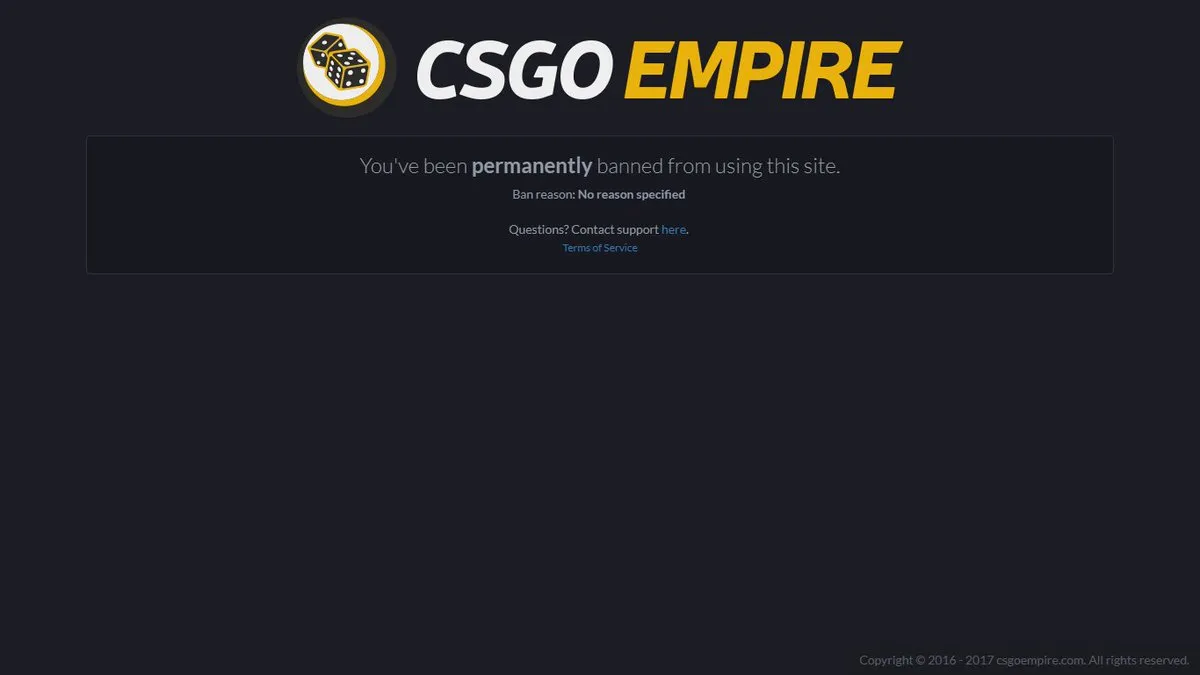 Ban reason. Csgoempire. Csgoempire logo. You've been Permanently banned by the game's developers..