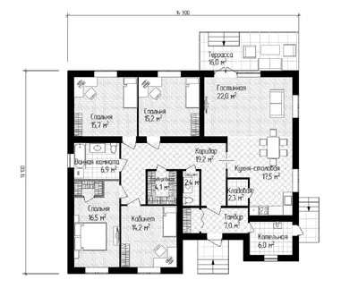 Проект одноэтажного дома с террасой 04-02 🏠 | СтройДизайн