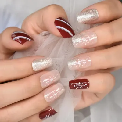 Рождественский стиль прекрасный дизайн Короткие квадратные ногти с  блестками УФ-гель для салонов дома глянцевый Маникюр искусственные ногти  искусство | AliExpress