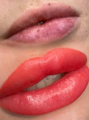 Изображение розового татуажа губ с использованием глубокого резкого фокуса