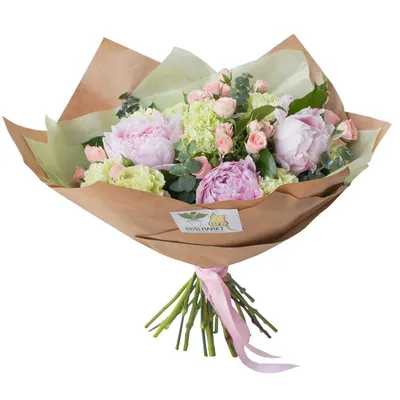 Лямбда: розовые пионы, розы, фрезия и гвоздики по цене 7533 ₽ - купить в  RoseMarkt с доставкой по Санкт-Петербургу