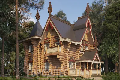 Проект двухэтажного деревянного дома с мансардой № 13-18 в стиле русская  усадьба | каталог Проекты коттеджей