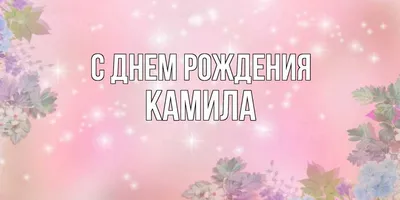 Камила! С днём рождения! Красивая открытка для Камилы! Открытка с цветными  воздушными шарами, ягодным тортом и букетом нежно-розовых роз.