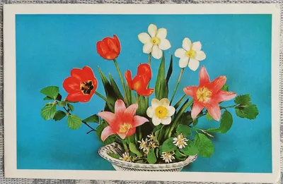 С днем рождения! — Букет колокольчиков и других цветов — Открытка 1989 года  - Старая открытка - открытки СССР