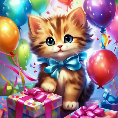 Поздравительная открытка с днём рождения, котенок