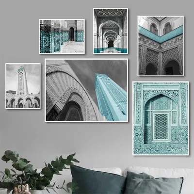 Купить Марокканская арка, холст, картина, исламские здания, настенный  художественный постер, мечеть Сабр Бисмилла, принт, арабское мусульманское  украшение, изображение | Joom