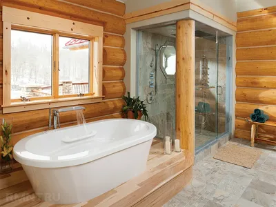 ванная комната в деревянном доме | Бревенчатые дома, Дизайн дома, Деревянные  дома