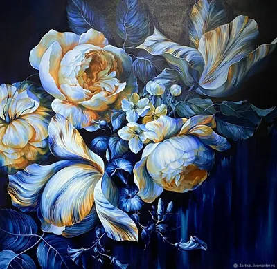 Синие розы в коробке с золотой за 4 390 руб. | Бесплатная доставка цветов  по Москве