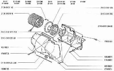 Вентилятор и кожухи отопителя ВАЗ-2110 (Чертеж № 70: список деталей,  стоимость запчастей). Каталог 2004г.