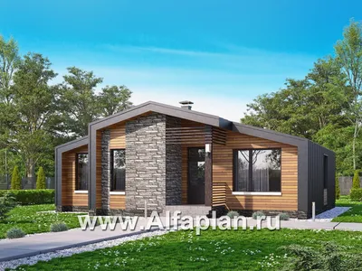 1010A «Альфа» - проект одноэтажного каркасного дома, с сауной и с террасой,  в стиле барнхаус: цена | Купить готовый проект с фото и планировкой