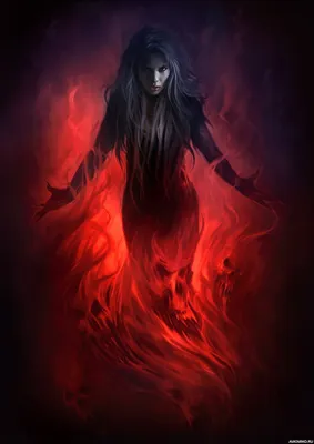 Девушка стоит в красном мистическом огне — Рисунки на аву
