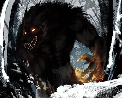 Страшный чёрный волк со светящимися красными глазами — Скачать картинки