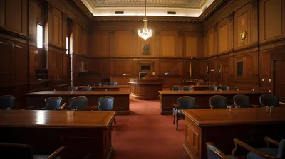 пустой зал суда с тремя деревянными столами и мебелью, картина залов суда,  зал суда, корт фон картинки и Фото для бесплатной загрузки