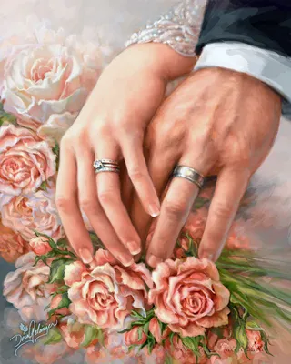 Изображение рук с кольцами на фоне цветущих цветов