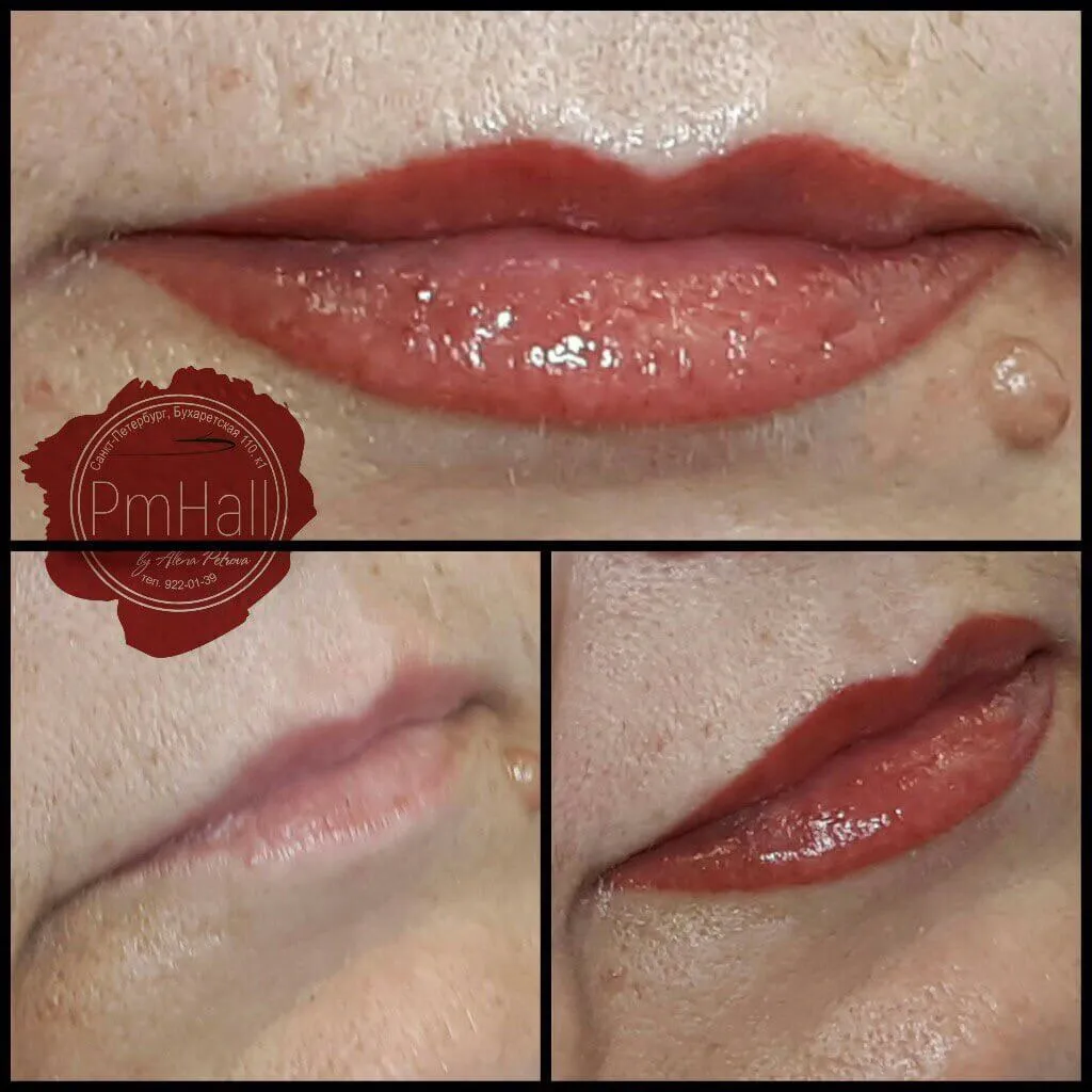 Татуаж губ после коррекции. Перманентный макияж губ фото до и после заживления темная карамель.