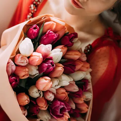 Яркие тюльпаны в руках: фотография высокого разрешения
