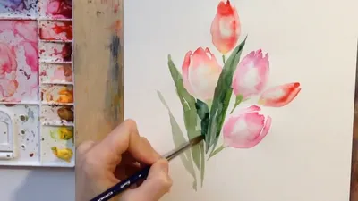 Рисуем тюльпаны акварелью - YouTube